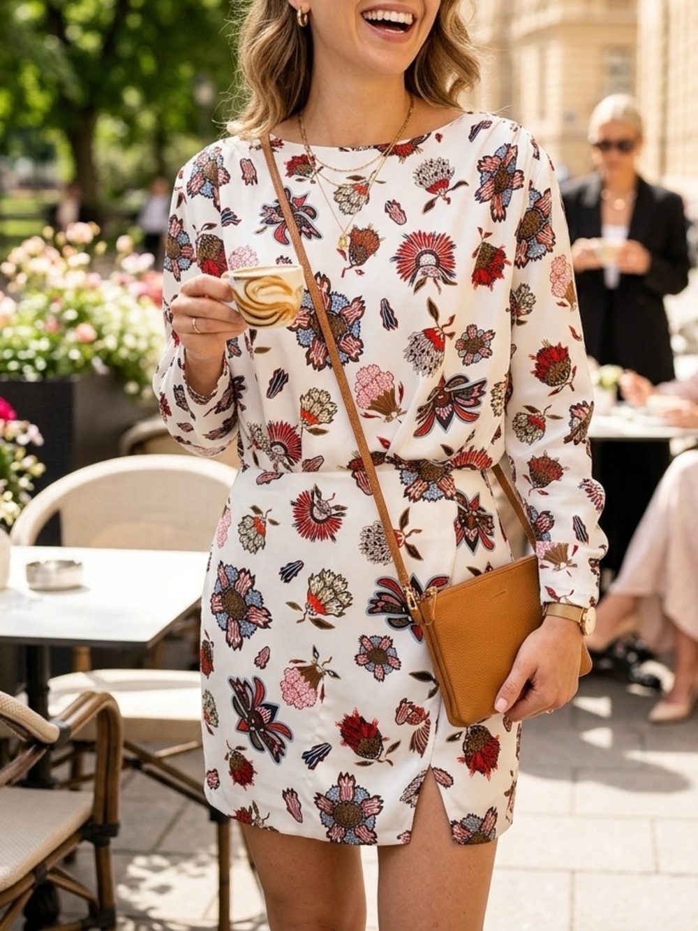 SFERA Floral Print Mini Dress in Ivory with Red Accents